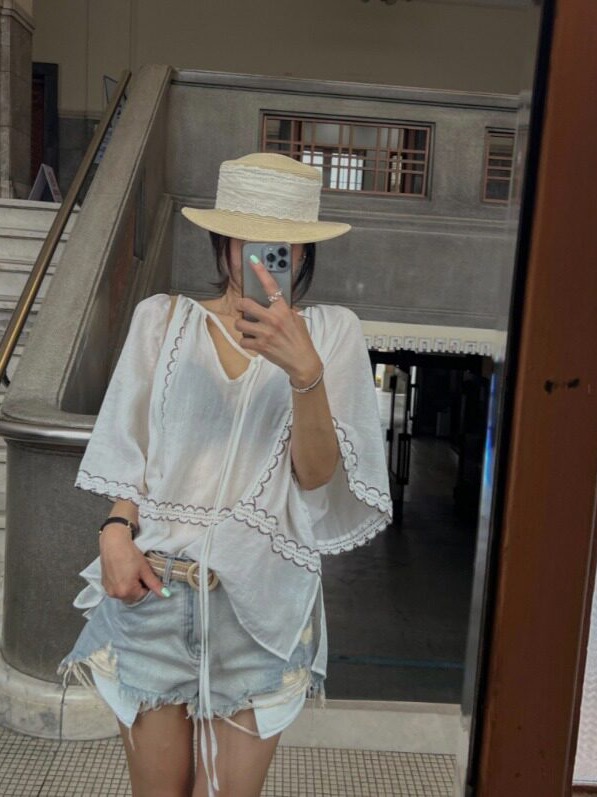 Ethnic Fusion Fashion - Koreański styl patchworkowy top z wiązaniem